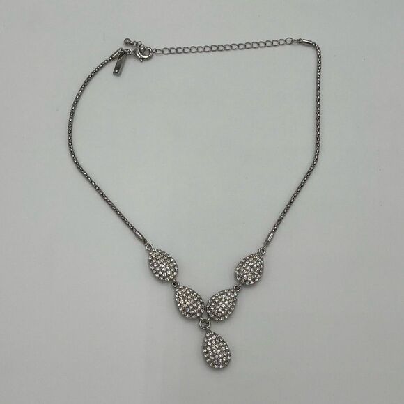 White House Black Market Silver Toned and Rhinestone Teardrop Statement Necklace - Picture 3 of 8